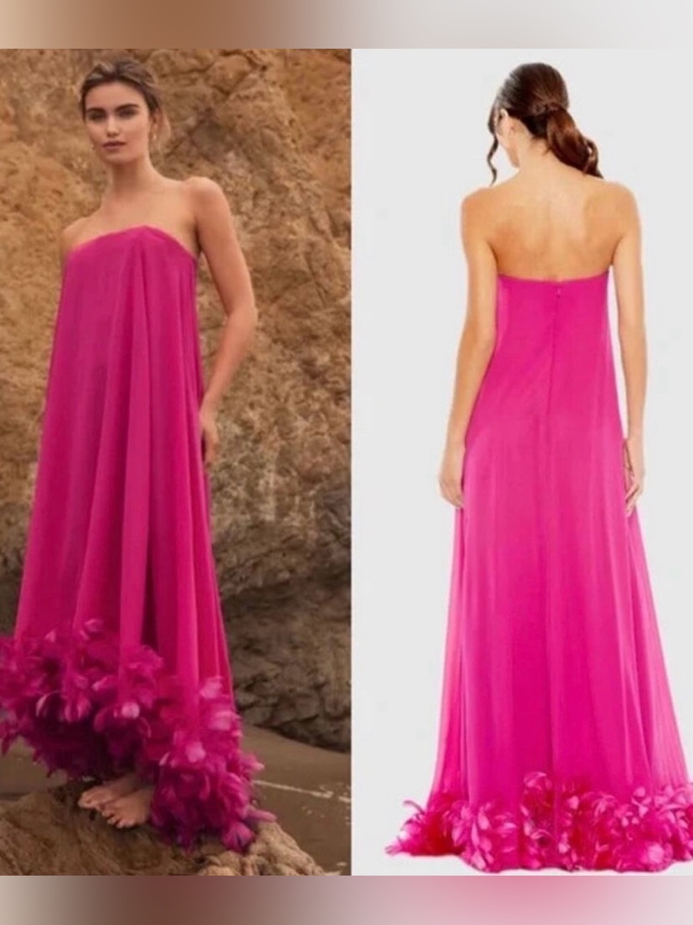Mac Duggal 13001 Strapless Flare Feather Hem Gown Fuchsia SZ 4 NEW